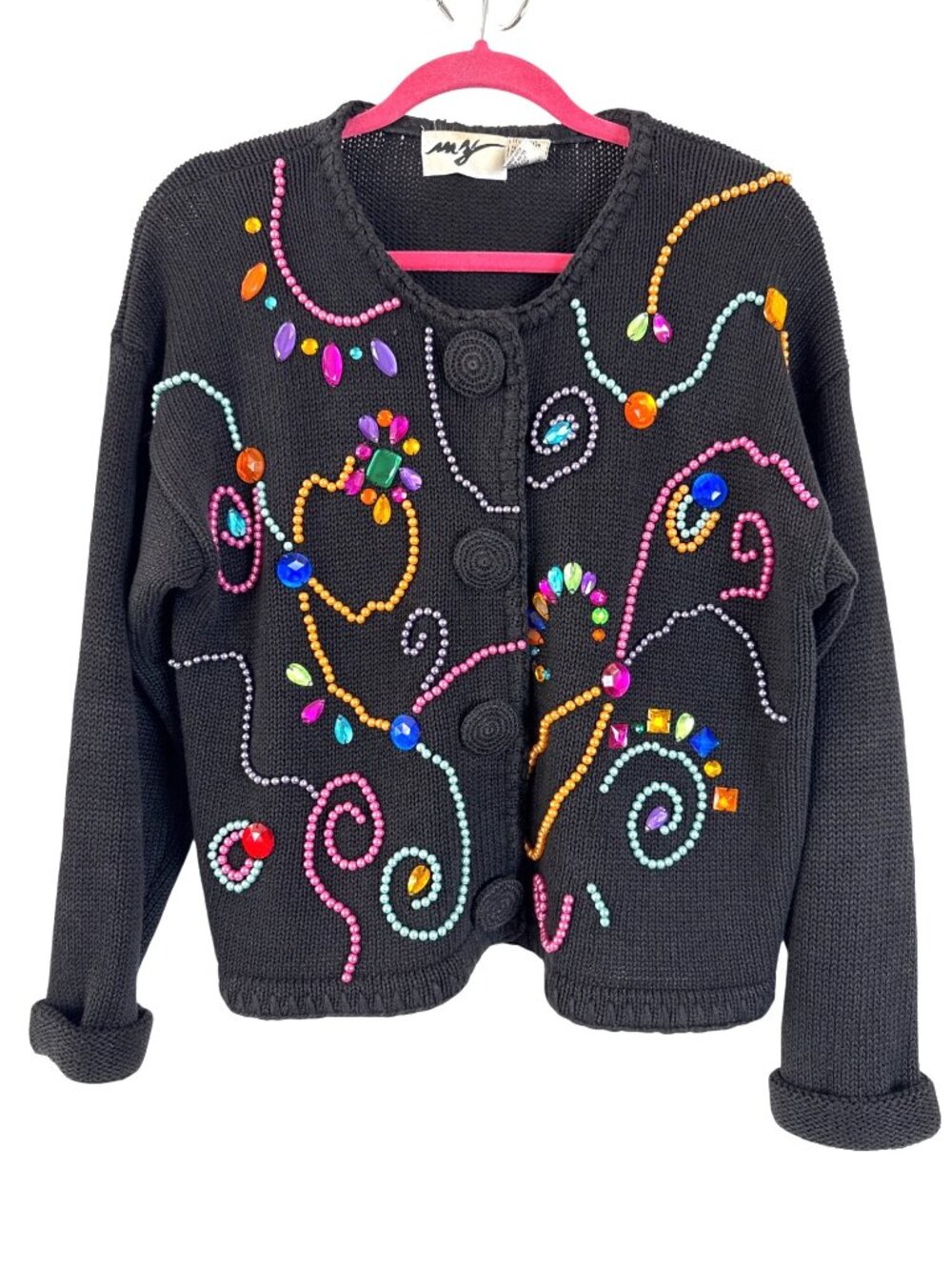 Vintage Black Knit Cardigan Colorful Beaded Oversize Button Large